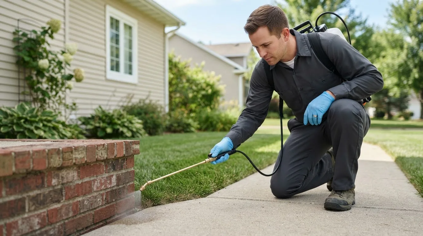 Pest control technician treating a home near Tuscarawas, OH