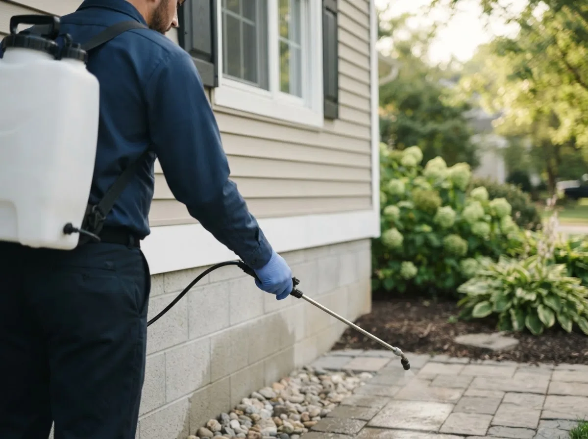 Pest control technician inspecting a home in Tuscarawas, OH